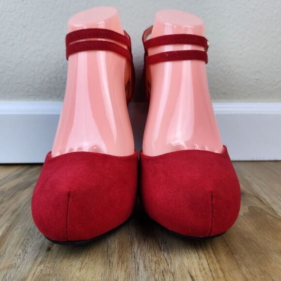 🩵NIB Red Faux Suede Leather Double Ankle Strap Platform Heels Size 7.5 - Picture 9 of 14